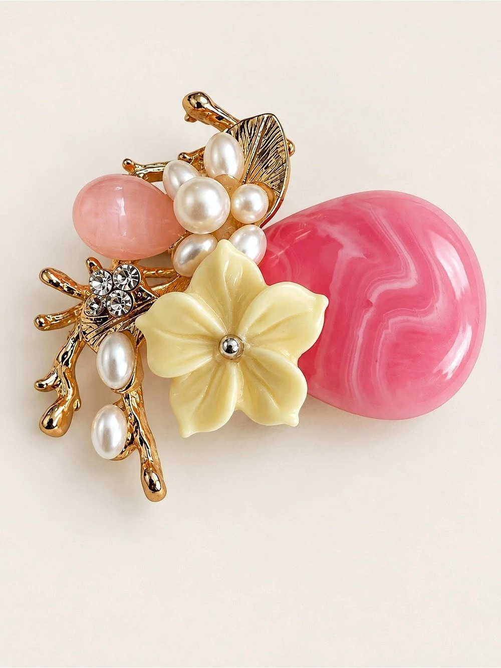 Gold-Tone Floral Brooch with Pink Accent & Faux Pearls